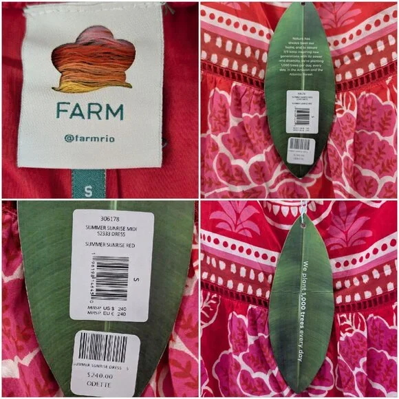 FARM Rio Summer Sunrise Midi Dress Red Short Sleeve Belted Back Cut Out Size S - Picture 5 of 13